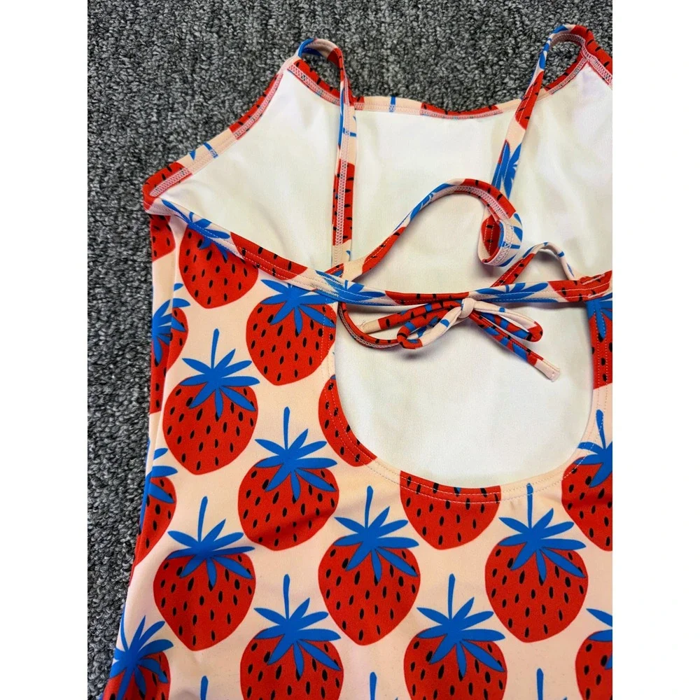 Hanna Anderson Swimsuit Girls Pink Strawberry Print One Piece Stretch Swimwear
